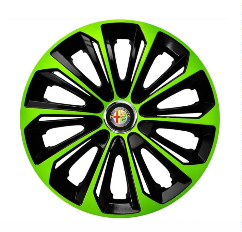 Set 4 Wheel Caps Extra Strong Green & Black R15, suitable for Alfa Romeo