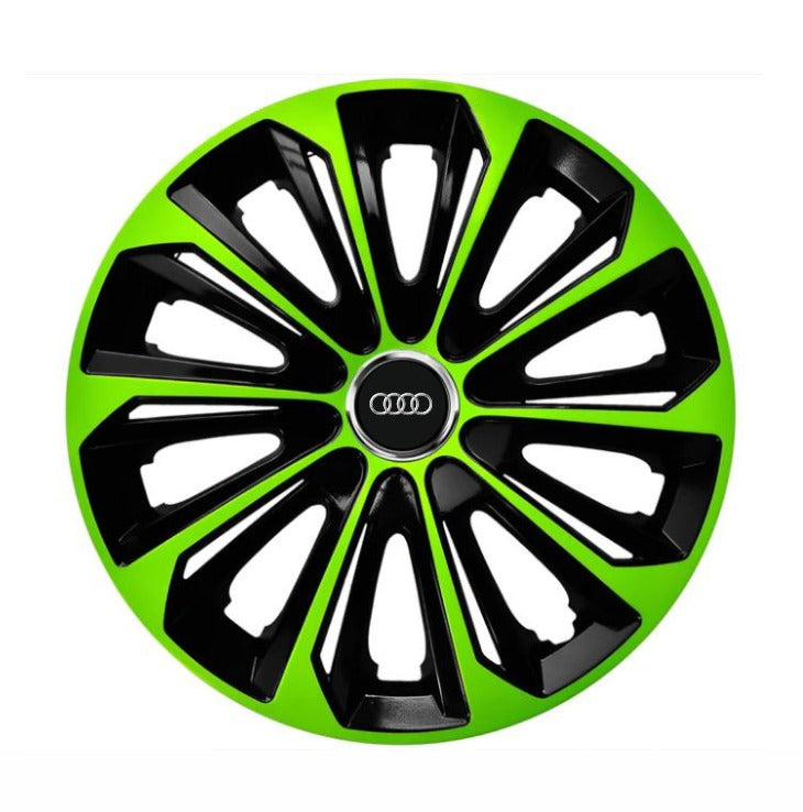 Set 4 Wheel Caps Extra Strong Green & Black R14, suitable for Audi