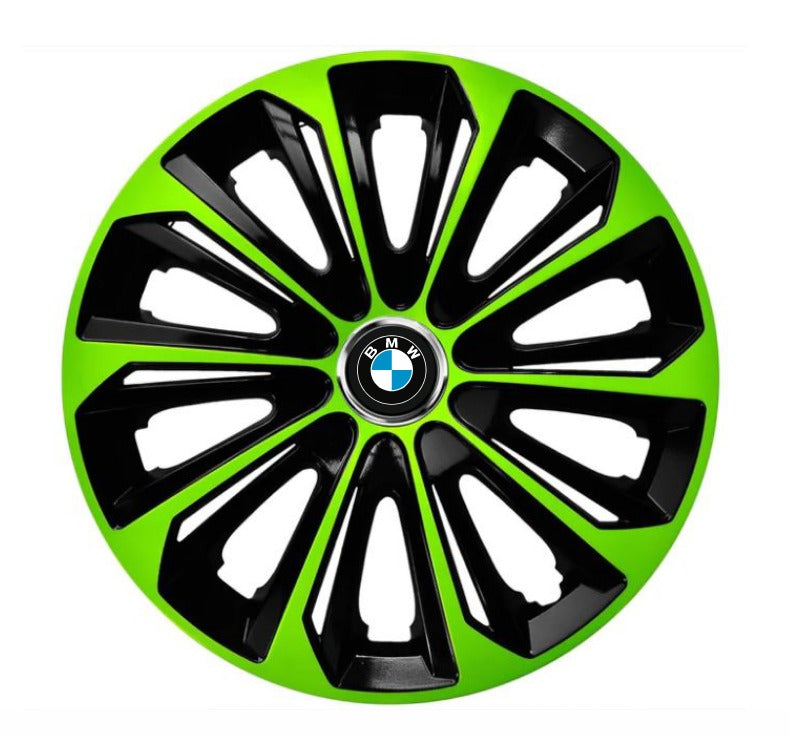 Set 4 Wheel Caps Extra Strong Green & Black R14, suitable for BMW