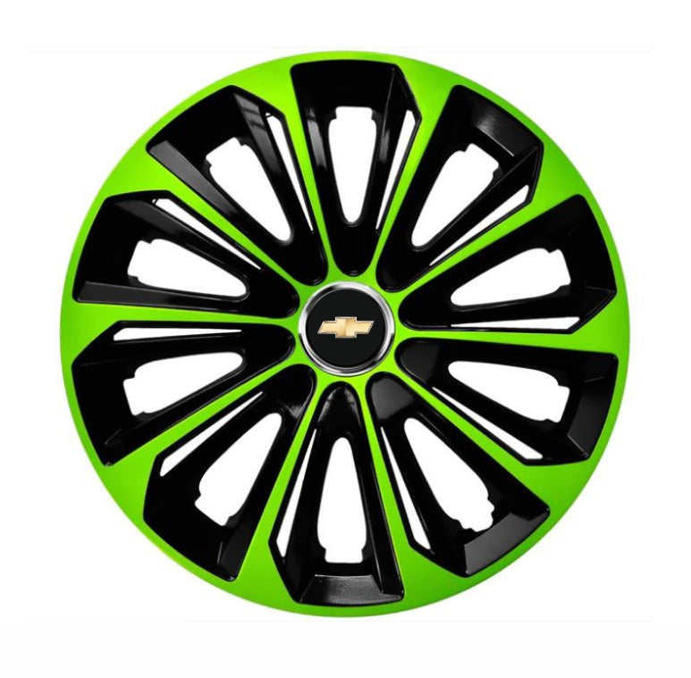 Set 4 Wheel Caps Extra Strong Green & Black R15, suitable for Chevrolet