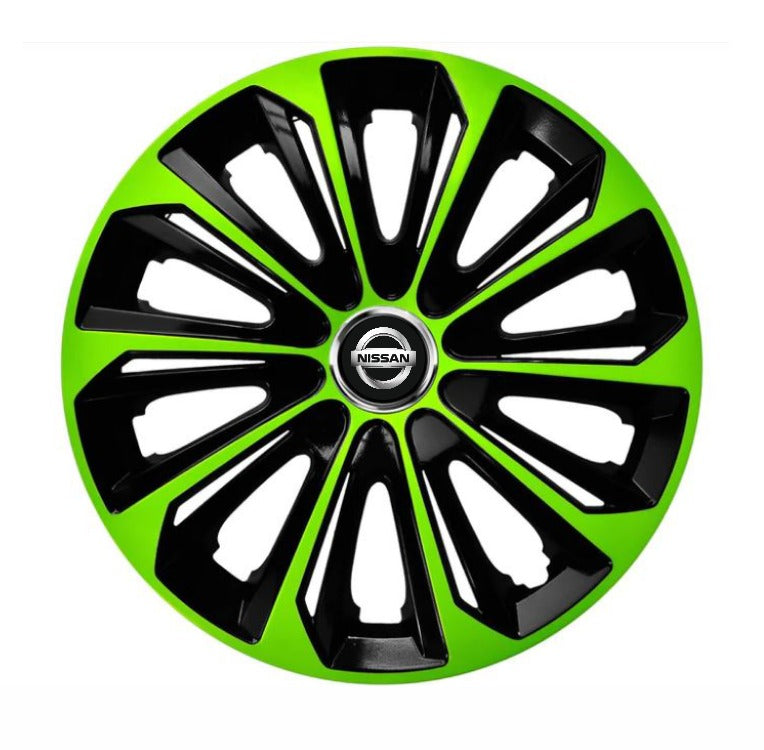 Set 4 Wheel Caps Extra Strong Green & Black R14, suitable for Nissan