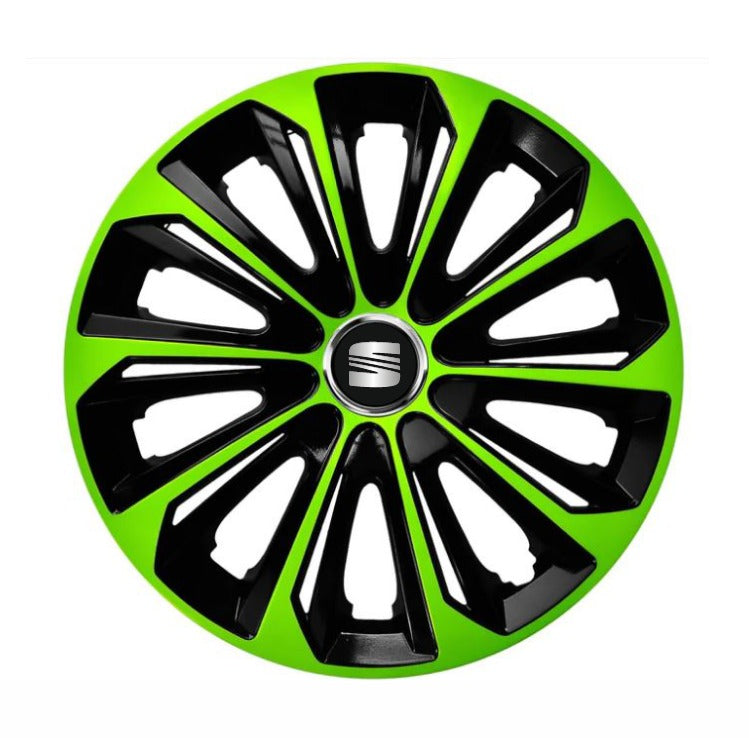 Set 4 Wheel Caps Extra Strong Green & Black R14, suitable for Seat