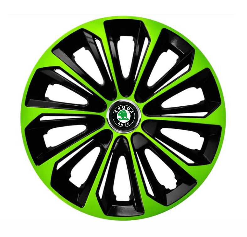 Set 4 Wheel Caps Extra Strong Green & Black R14, suitable for Skoda