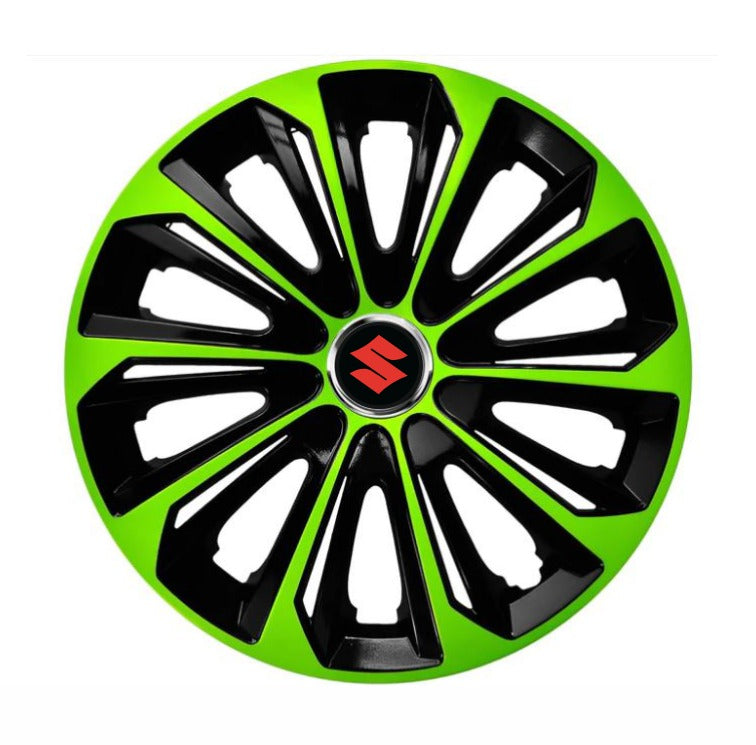 Set 4 Wheel Caps Extra Strong Green & Black R14, suitable for Suzuki