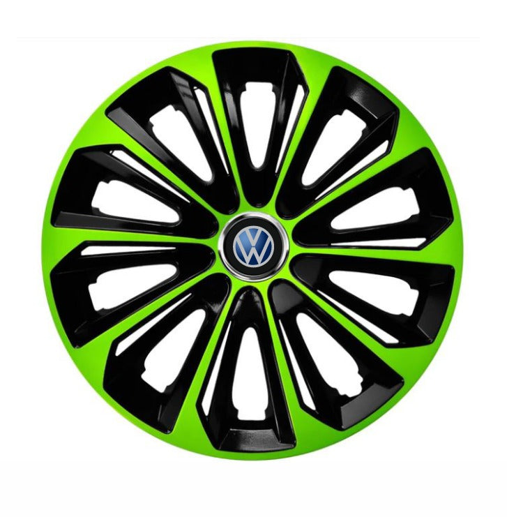 Set 4 Wheel Caps Extra Strong Green & Black R14, suitable for VW