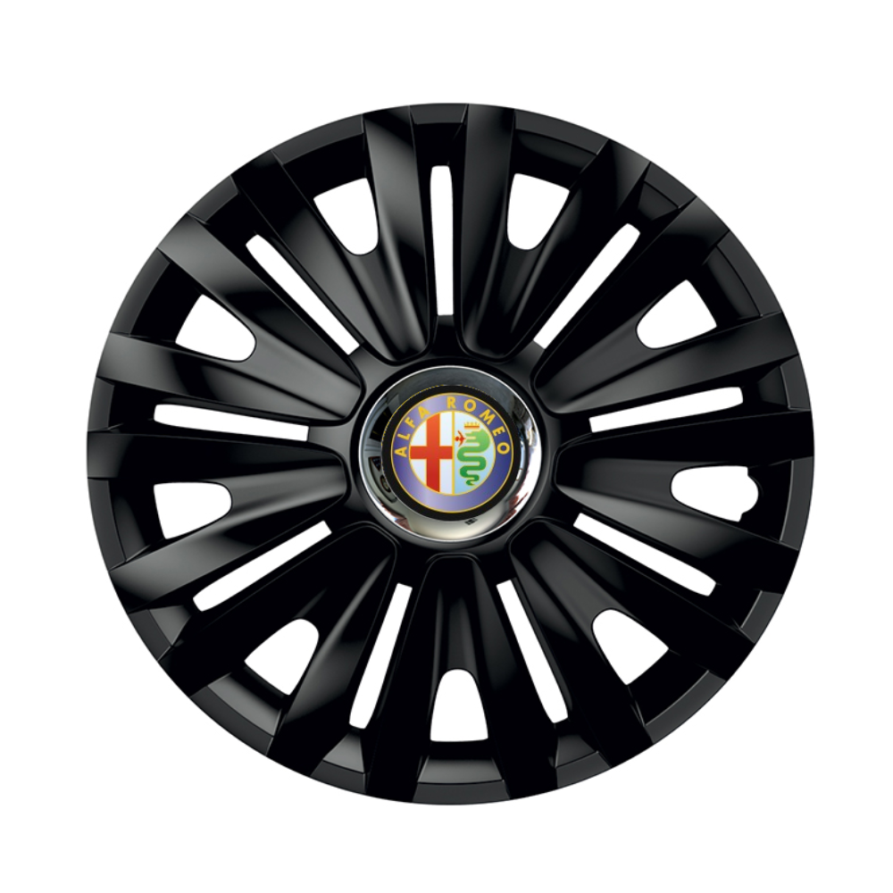 Set 4 Wheel Caps Royal Black with Chromed Ring R14, suitable for Alfa Romeo