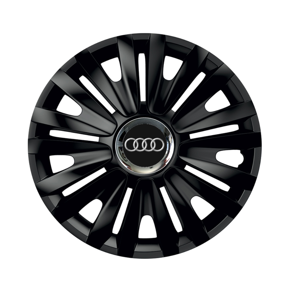 Set 4 Wheel Caps Royal Black with Chromed Ring R14, suitable for Audi