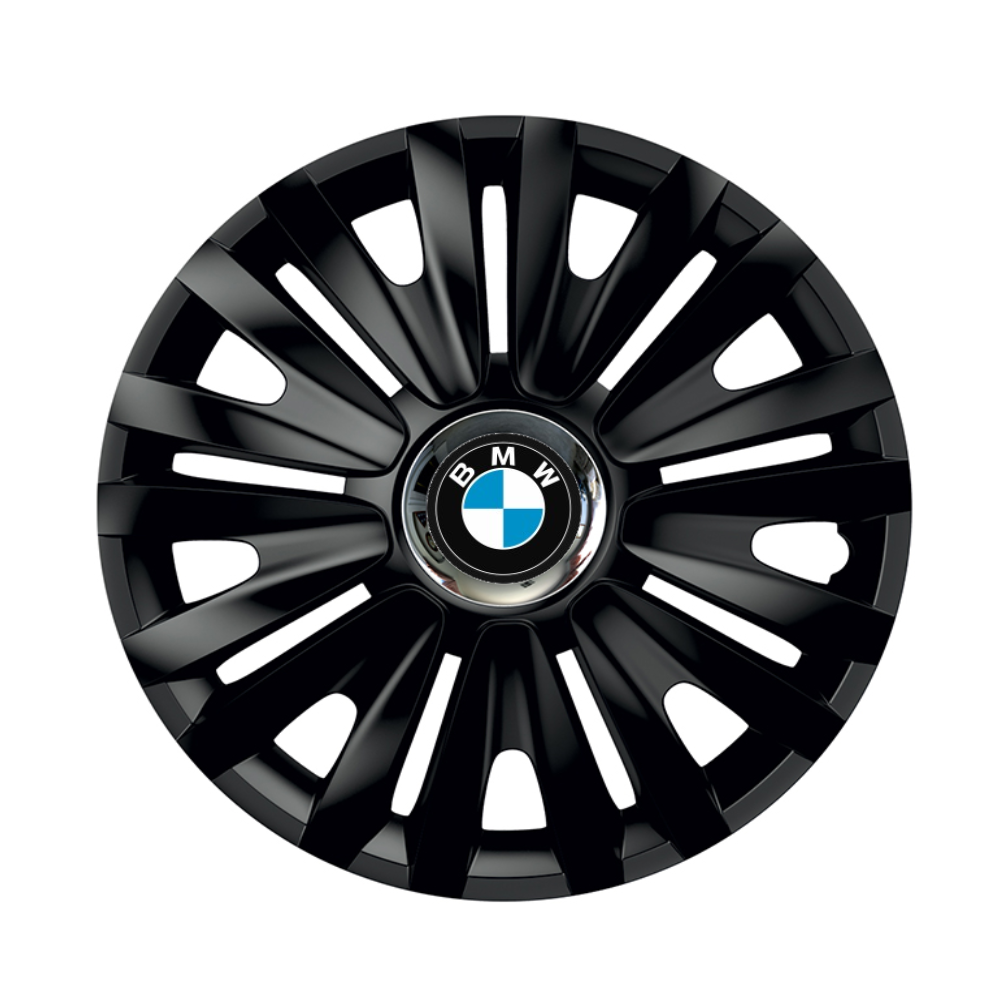 Set 4 Wheel Caps Royal Black with Chromed Ring R14, suitable for BMW