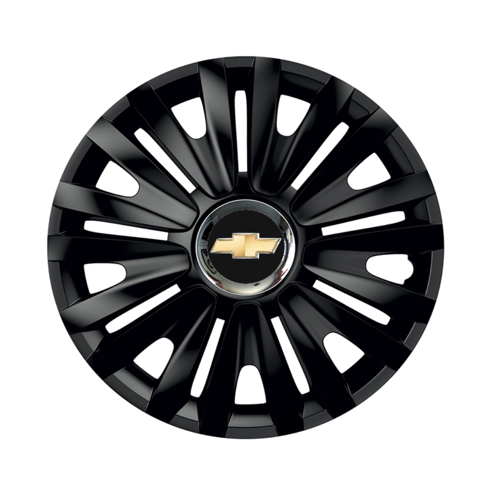 Set 4 Wheel Caps Royal Black with Chromed Ring R15, suitable for Chevrolet