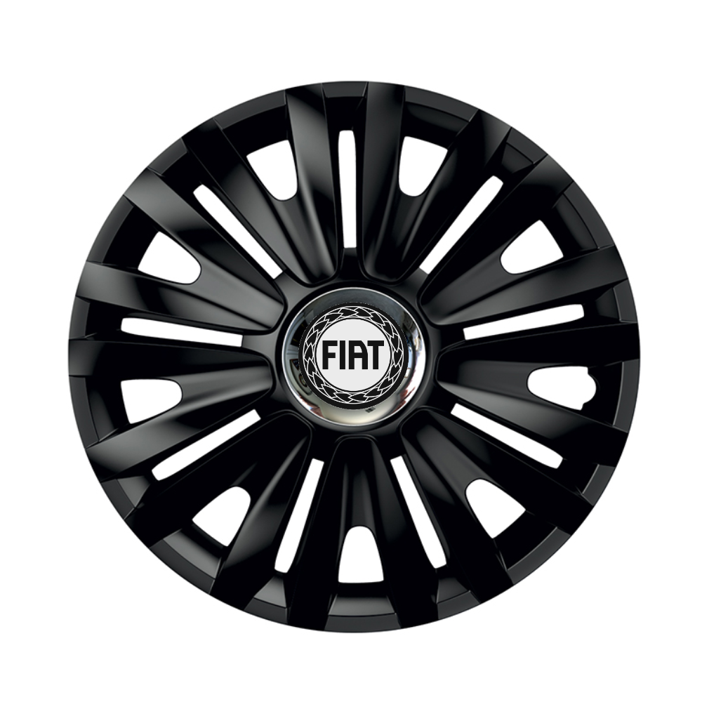 Set 4 Wheel Caps Royal Black with Chromed Ring R14, suitable for Fiat