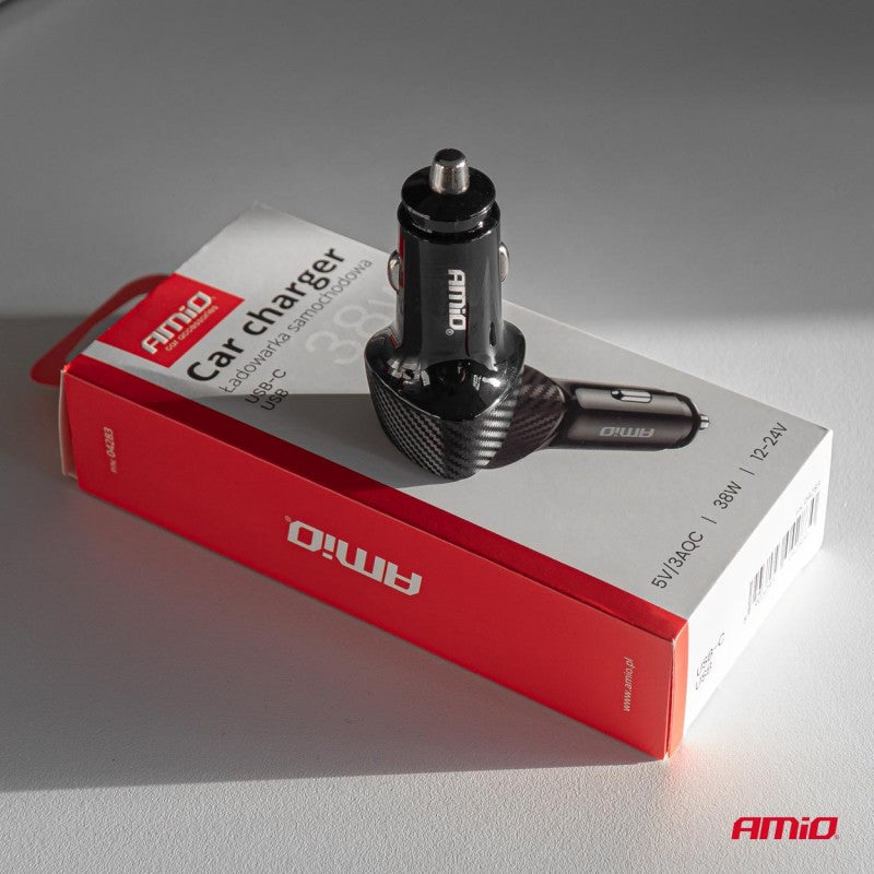 Încărcător auto QC+PD 38W USB-A + USB-C AMIO-04283