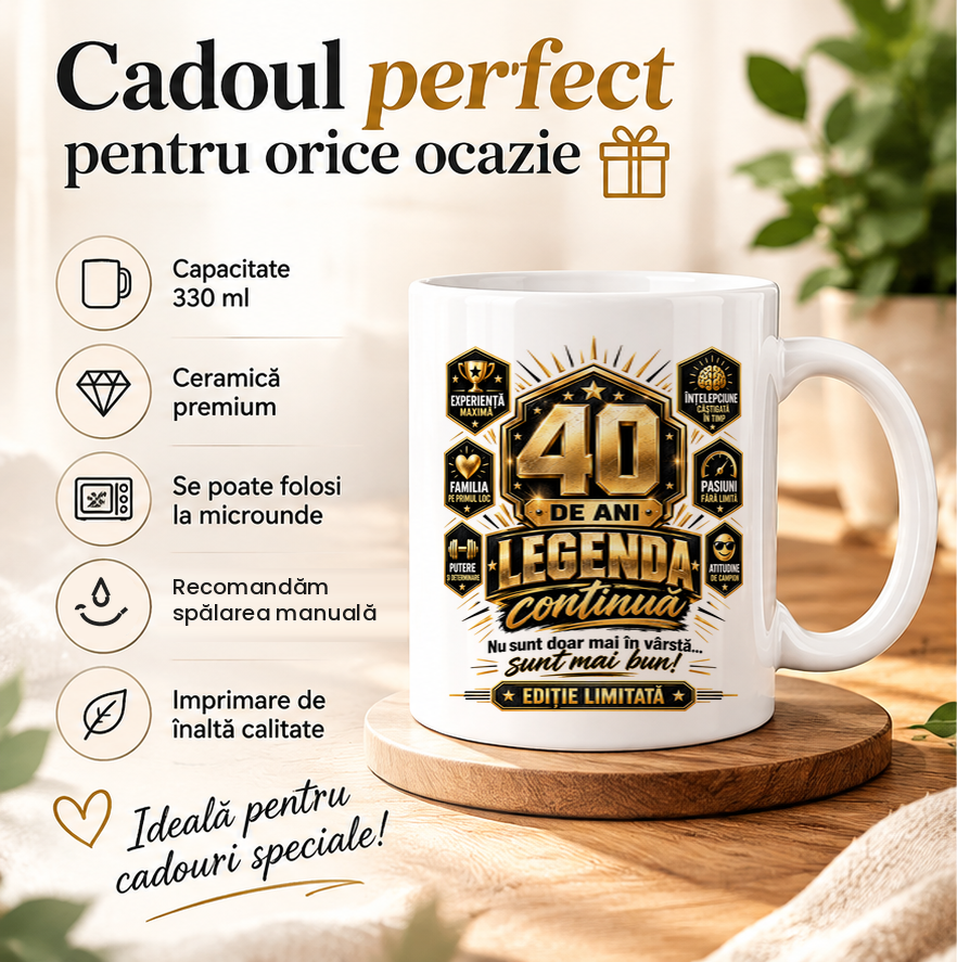 Cană personalizată aniversară „Legenda continuă”, cadou pentru bărbați 18–99 de ani, ediție limitată, ceramică albă 330 ml