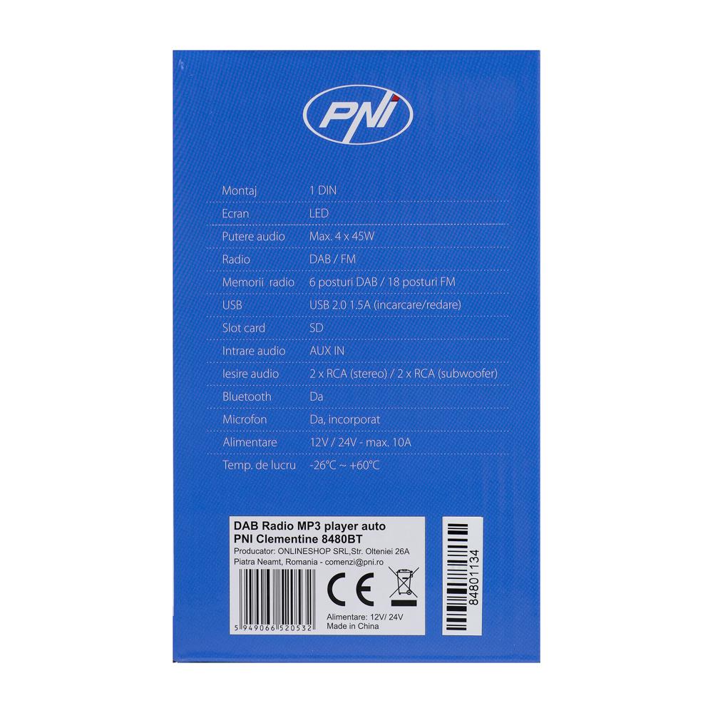 RADIO MP3 PLAYER AUTO DAB SI RDS PNI CLEMENTINE 8480BT 4X45W, 12/24V, CU SD, USB, AUX, RCA, BLUETOOTH SI USB 1.5A