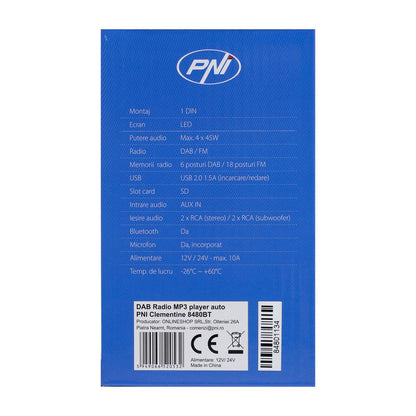 RADIO MP3 PLAYER AUTO DAB SI RDS PNI CLEMENTINE 8480BT 4X45W, 12/24V, CU SD, USB, AUX, RCA, BLUETOOTH SI USB 1.5A