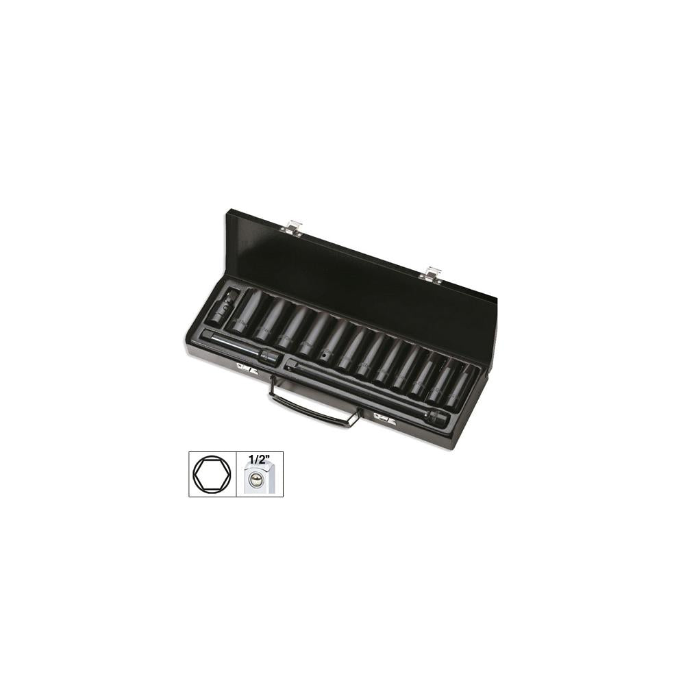 SET DE 15 PIESE DE IMPACT CU 12 TUBULARE LUNGI DE 1/2` HEXAGONALE + ADAPTOARE JBM