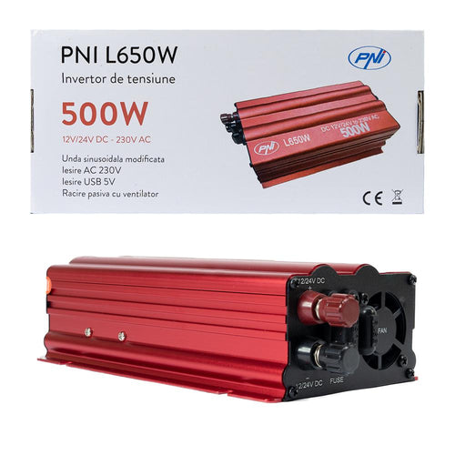 INVERTOR DE TENSIUNE PNI L650W, ALIMENTARE DUALA 12V/24V, IESIRE 230V, 500W, SINUS MODIFICAT, MUFA USB 5V 500mAh, CU CLESTI ALIMENTARE SI MUFA DE BRICHETA INCLUSA