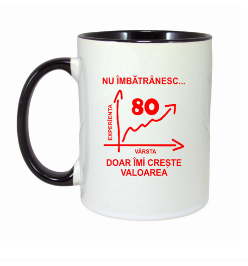 Cana personalizata cu interior negru - Nu imbatranesc doar imi creste valoarea - 330ml
