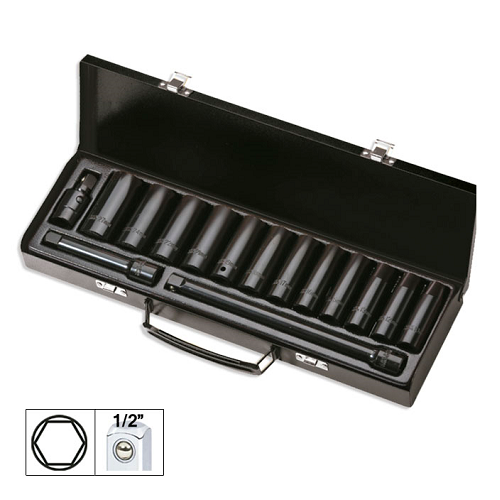 SET DE 15 PIESE DE IMPACT CU 12 TUBULARE LUNGI DE 1/2` HEXAGONALE + ADAPTOARE JBM