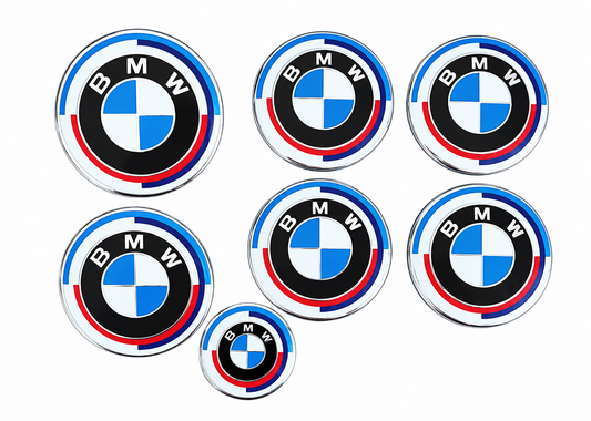 Set Complet 7 Embleme Logo Compatibile BMW capota/portbagaj 82 mm, capace jante aliaj 68mm, sigla volan 44 mm, Editie Aniversara 50 de ani