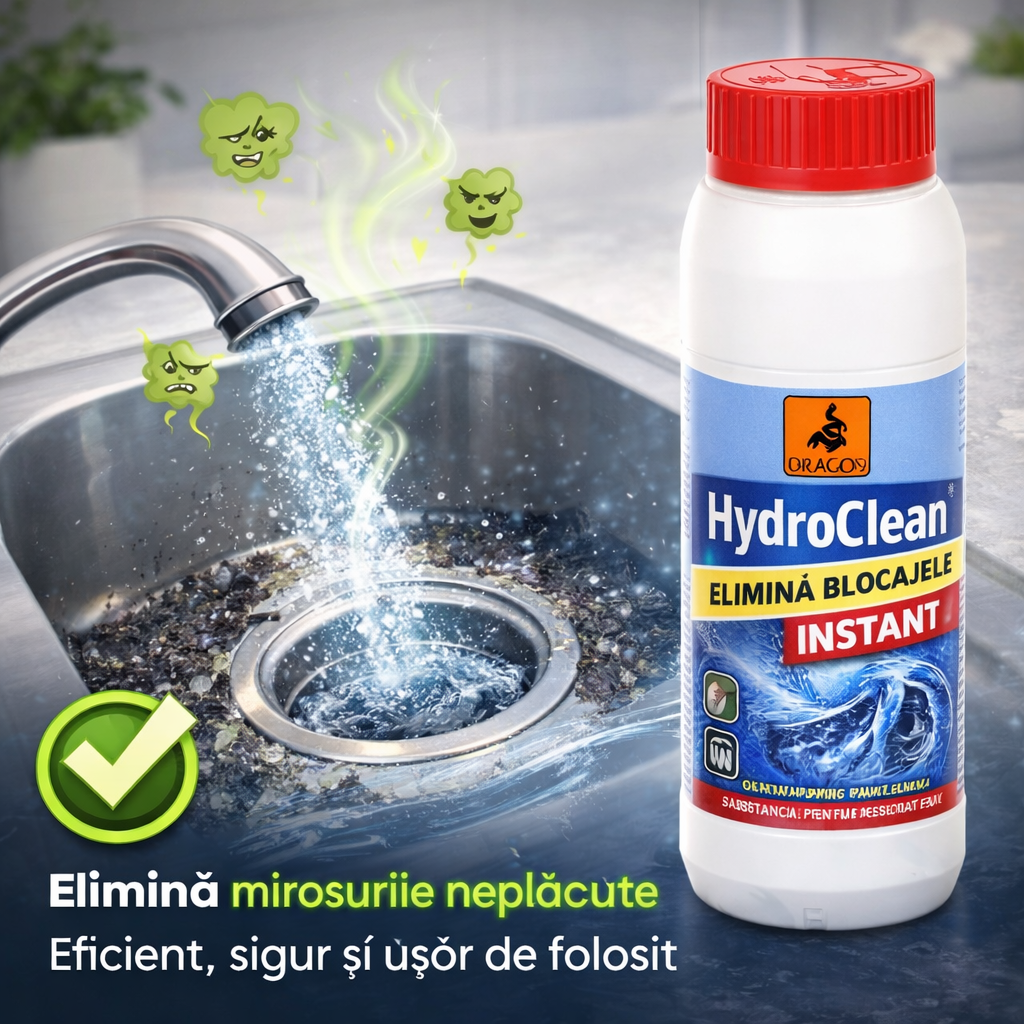 HydroClean - Elimină rapid și definitiv blocajele din țevi, dizolvând părul, grăsimea și depunerile dure