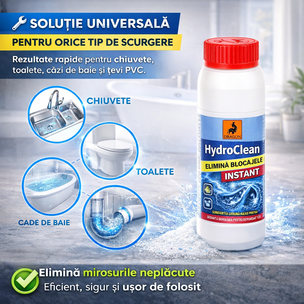 HydroClean - Elimină rapid și definitiv blocajele din țevi, dizolvând părul, grăsimea și depunerile dure