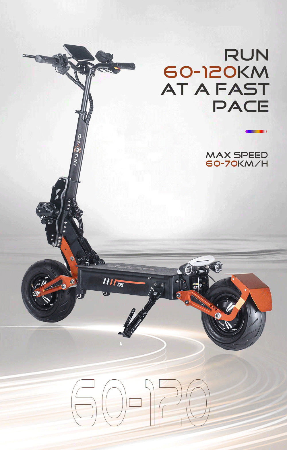 Trotineta Electrica OBARTER D5, Motor 5000W, Autonomie 120 km, Viteza 70 km/h, Acumulator 48V 35AH, Tractiune 2X2, Roti 12 inch, Pliabila, Ideala pentru Glovo/Tazz/Bolt, Negru