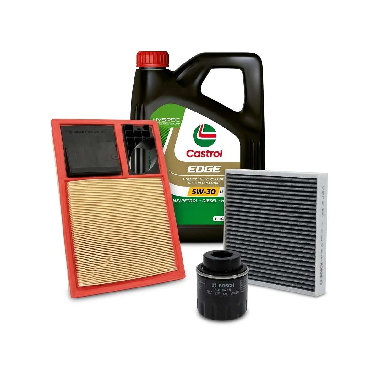 Kit revizie ulei Castrol EDGE 5W-30 LL + filtre VW Polo 5 1.6 BiFuel 82 CP – Bosch