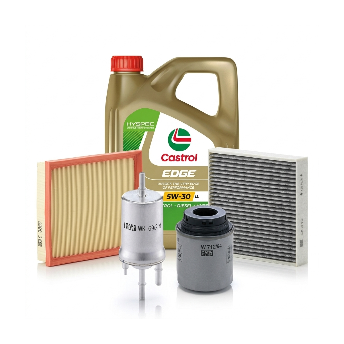Kit revizie ulei Castrol EDGE 5W-30 LL + filtre VW Polo 5 1.6 BiFuel 82 CP – MANN