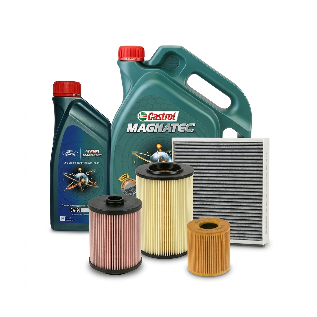 Kit revizie ulei Castrol Ford Magnatec D 0W-30 + Castrol Magnatec Professional Ford 0W-20 + filtre Ford Kuga 2 2.0 TDCi 4x4 136 CP – Bosch
