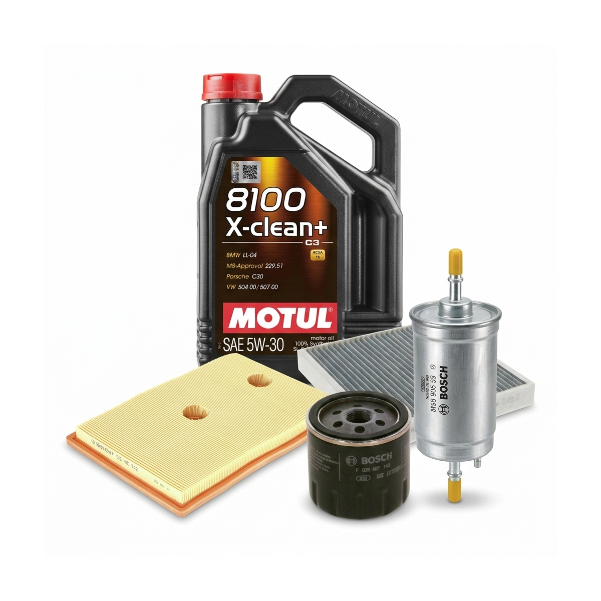 Kit revizie ulei Motul 8100 X-CLEAN+ 5W-30 + filtre VW Polo 5 1.2 TSI 16V 90 CP – Bosch