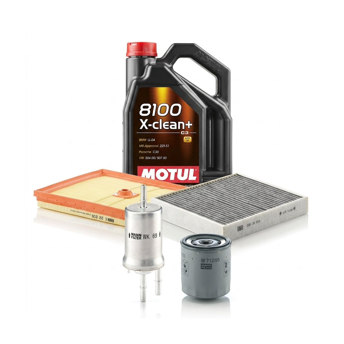Kit revizie ulei Motul 8100 X-CLEAN+ 5W-30 + filtre VW Polo 5 1.0 TSI 95 CP – MANN