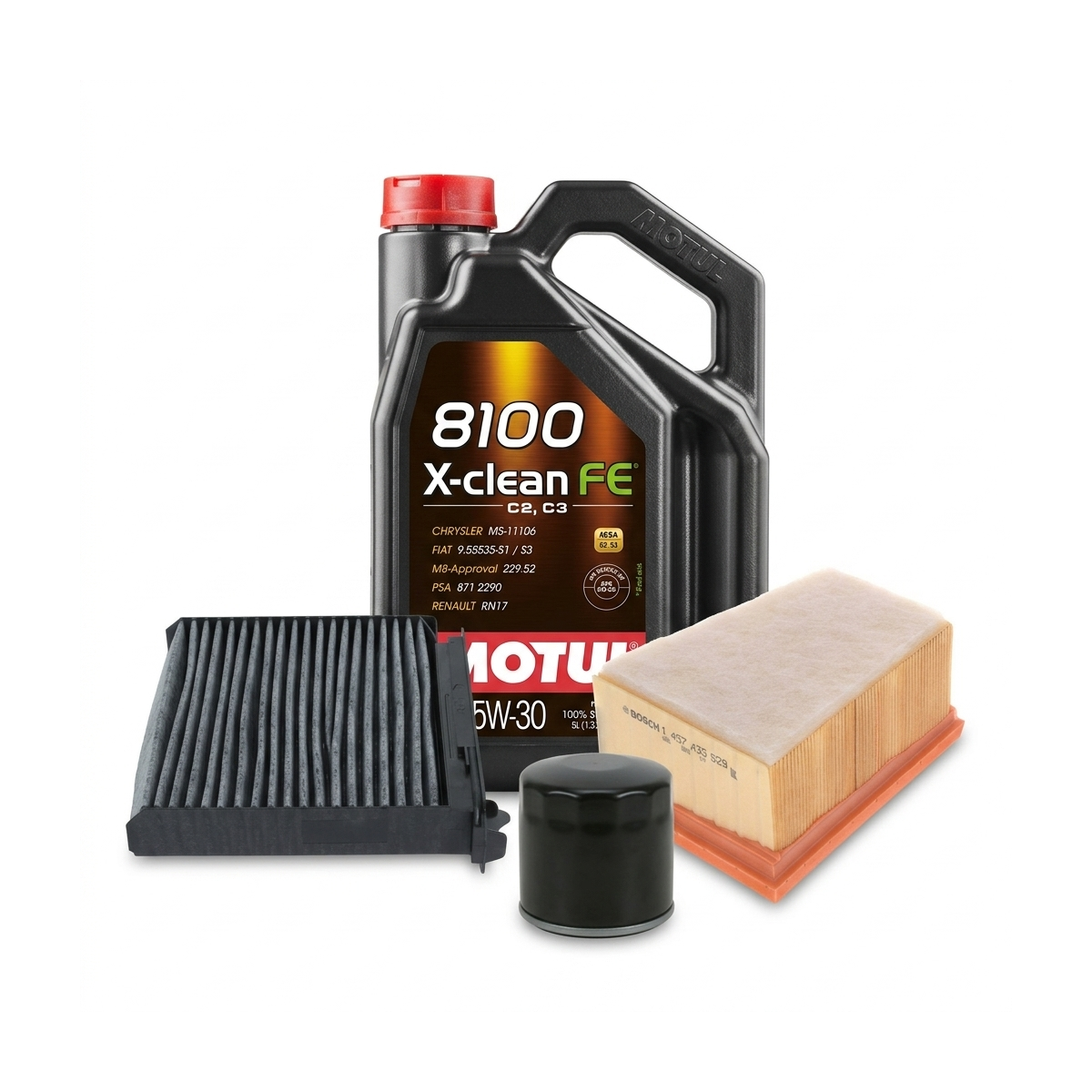 Kit revizie ulei Motul 8100 X-CLEAN FE 5W-30 + filtre Dacia Duster HS 1.6 16V LPG 105 CP – Bosch