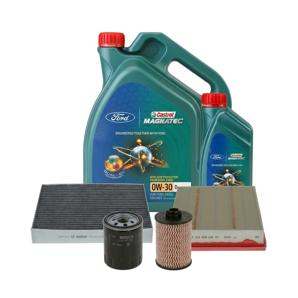 Kit revizie ulei Castrol Ford Magnatec D 0W-30 + filtre Ford Mondeo 5 2.0 TDCi 4x4 180 CP – Bosch