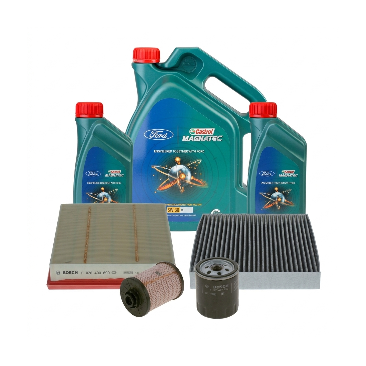 Kit revizie ulei Castrol Ford Magnatec A5 5W-30 + filtre Ford Mondeo 5 2.0 TDCi Bi-Turbo 210 CP – Bosch