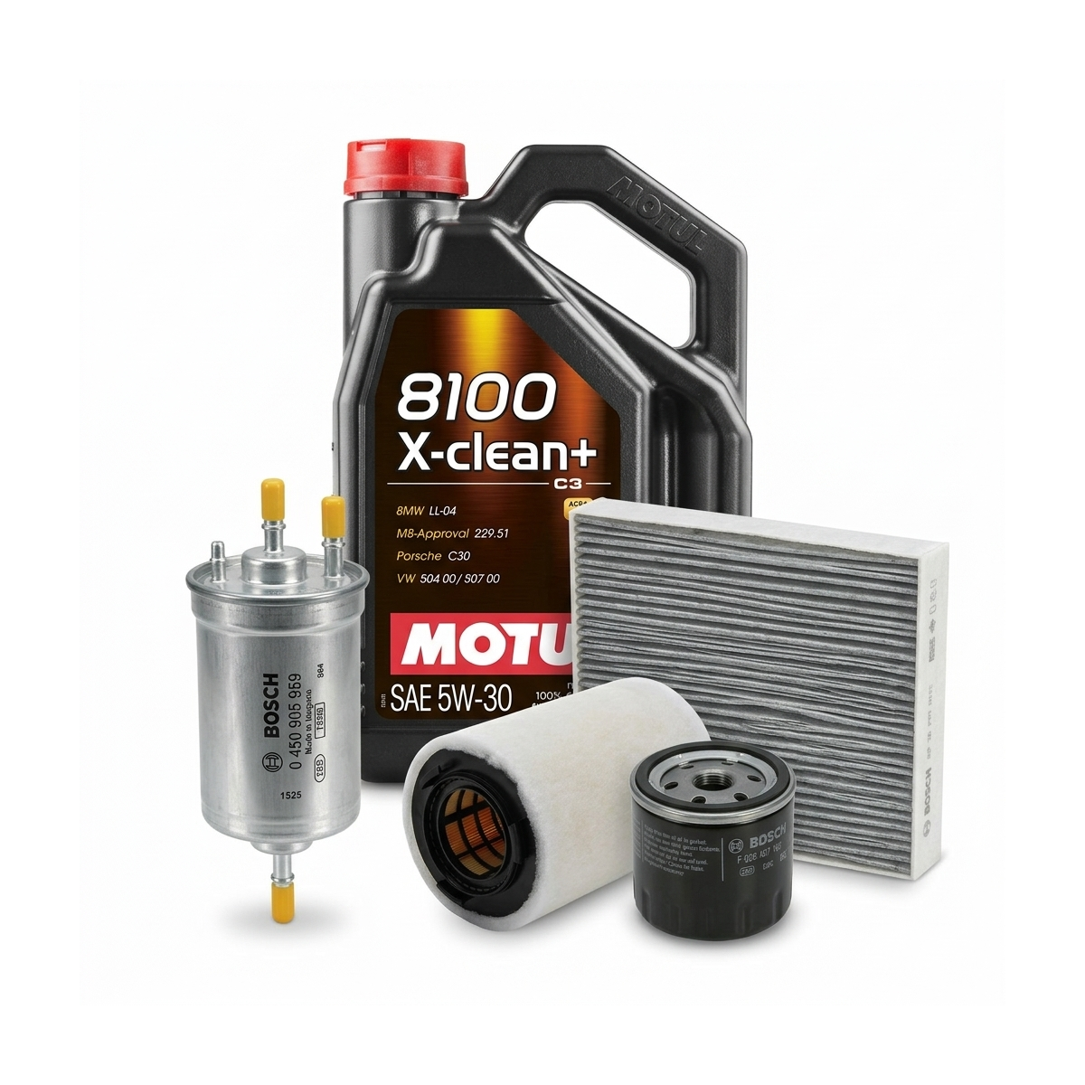 Kit revizie ulei Motul 8100 X-CLEAN+ 5W-30 + filtre VW Polo 5 1.2 TSI 90 CP – Bosch