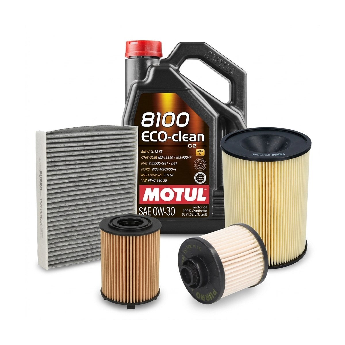 Kit revizie ulei Motul 8100 ECO-CLEAN 0W-30 + filtre Ford Kuga 2 1.5 TDCi 120 CP – PURRO