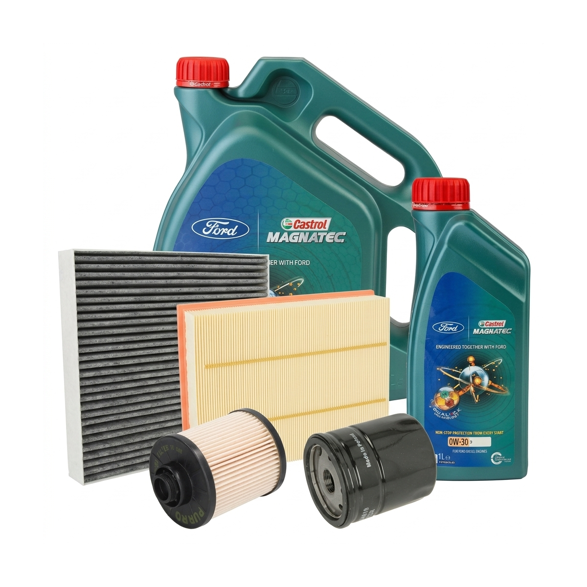 Kit revizie ulei Castrol Ford Magnatec D 0W-30 + filtre Ford Mondeo 5 2.0 TDCi 4x4 150 CP – PURRO
