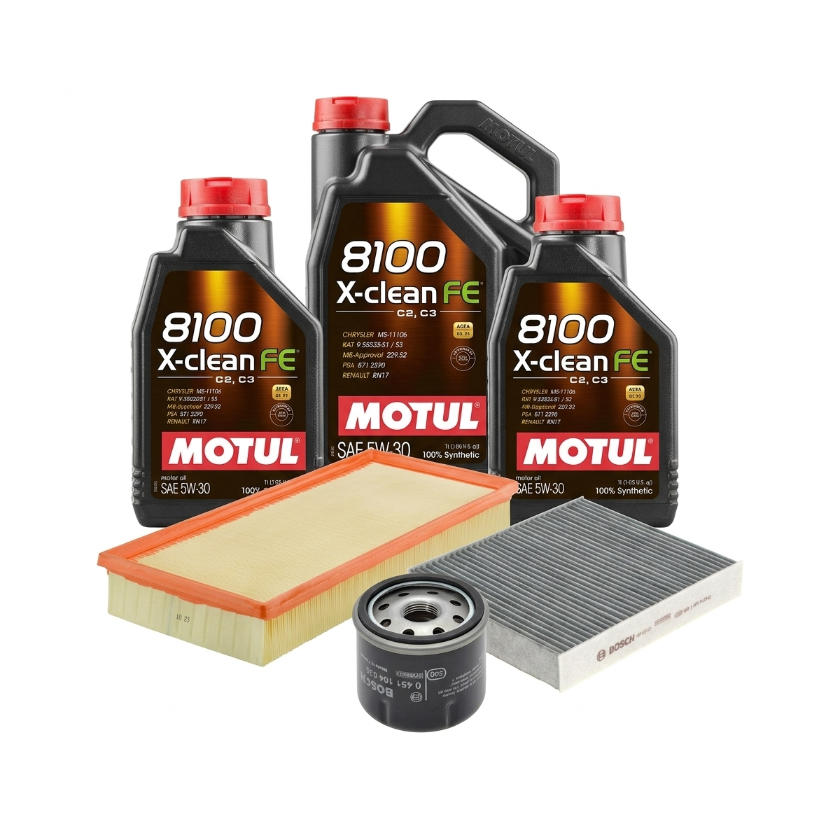 Kit revizie ulei Motul 8100 X-CLEAN FE 5W-30 + filtre Renault Clio 4 1.2 LPG 16V 73 CP – Bosch