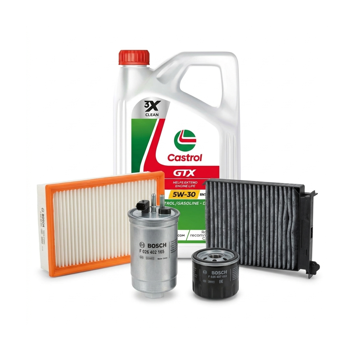 Kit revizie ulei Castrol GTX 5W-30 RN17 + filtre Dacia Duster HS 1.5 dCi 110 CP – Bosch