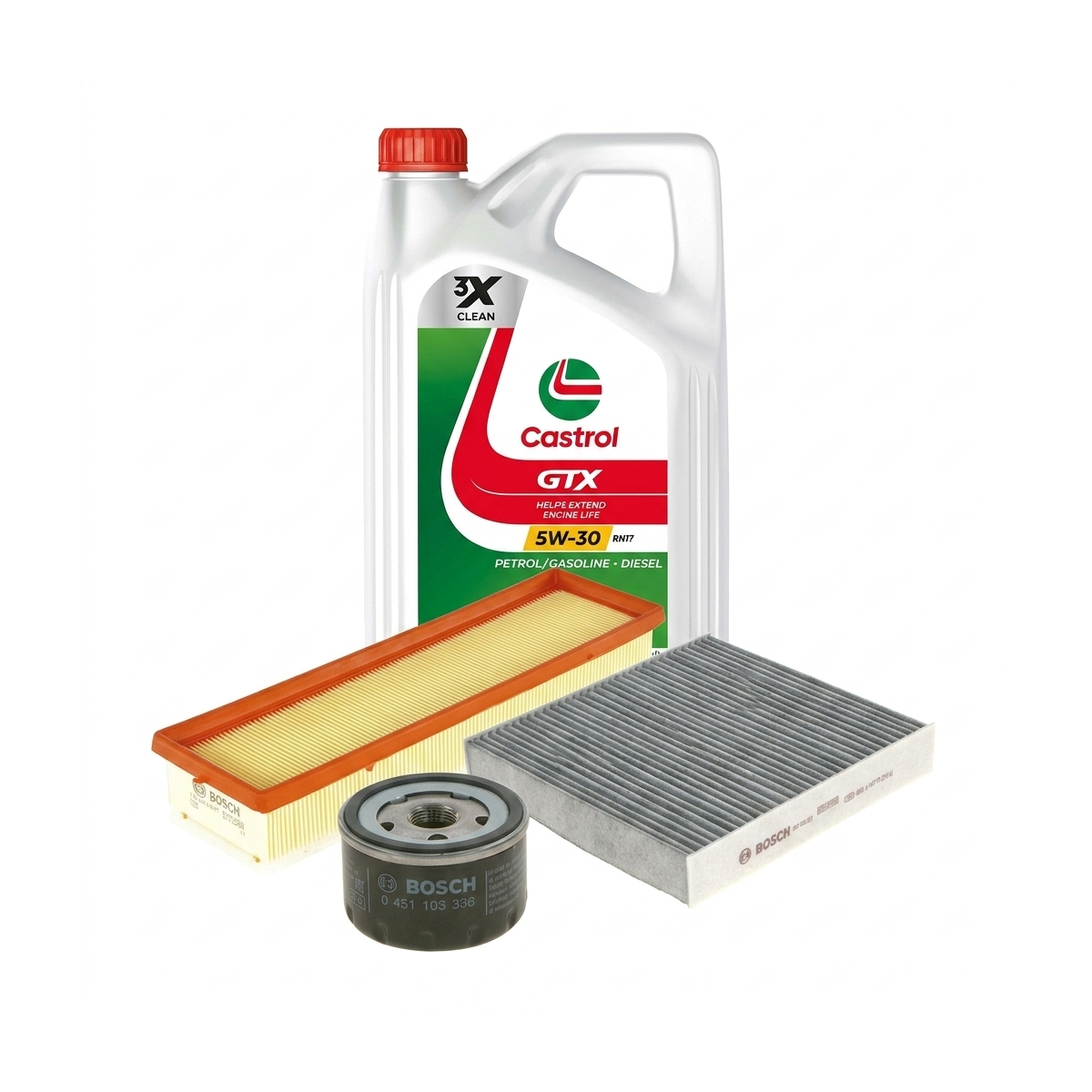 Kit revizie ulei Castrol GTX 5W-30 RN17 + filtre Dacia Logan 2 1.6 80 CP – Bosch
