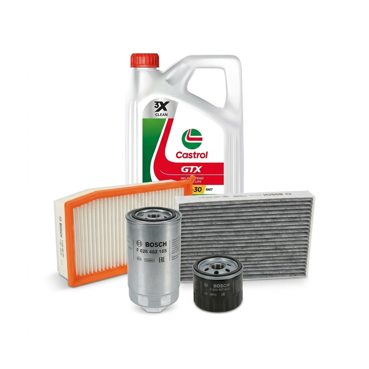 Kit revizie ulei Castrol GTX 5W-30 RN17 + filtre Dacia Duster HM 1.5 dCi 90 CP – Bosch