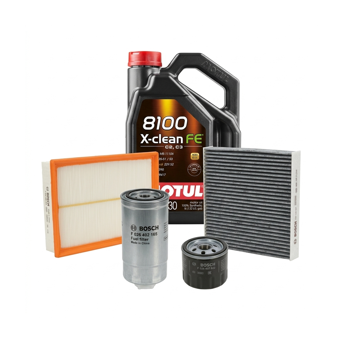 Kit revizie ulei Motul 8100 X-CLEAN FE 5W-30 + filtre Dacia Duster HM 1.5 dCi 90 CP – Bosch