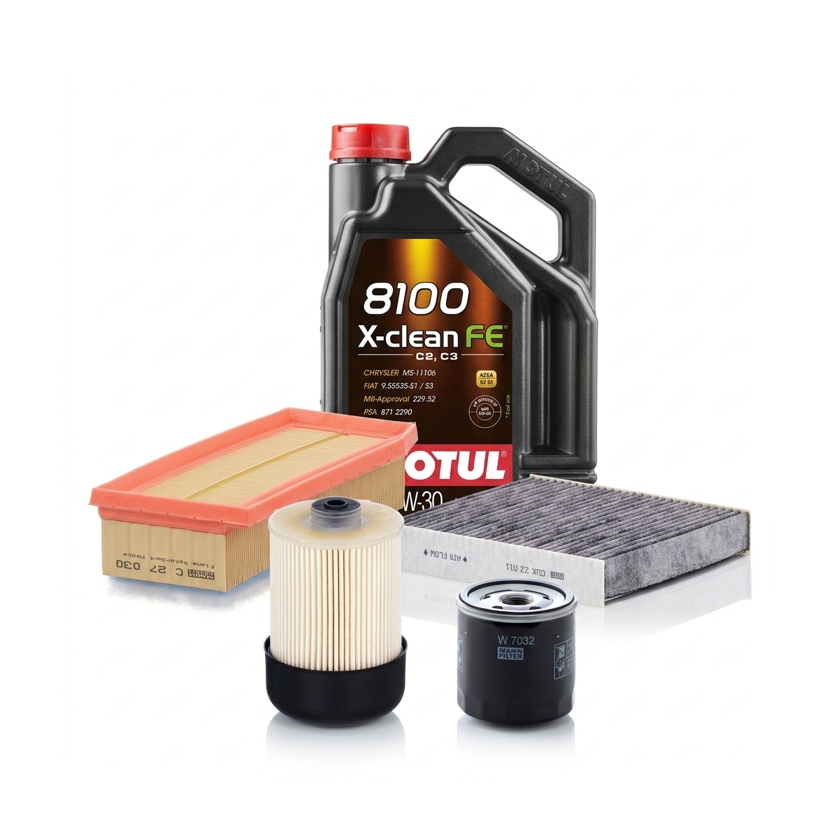 Kit revizie ulei Motul 8100 X-CLEAN FE 5W-30 + filtre Dacia Duster HM 1.5 dCi 90 CP – MANN