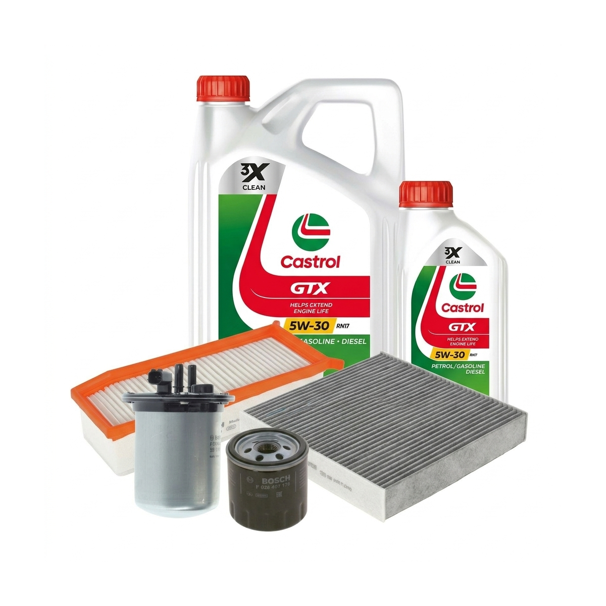 Kit revizie ulei Castrol GTX 5W-30 RN17 + filtre Dacia Duster HM 1.5 dCi 110 109 CP – Bosch