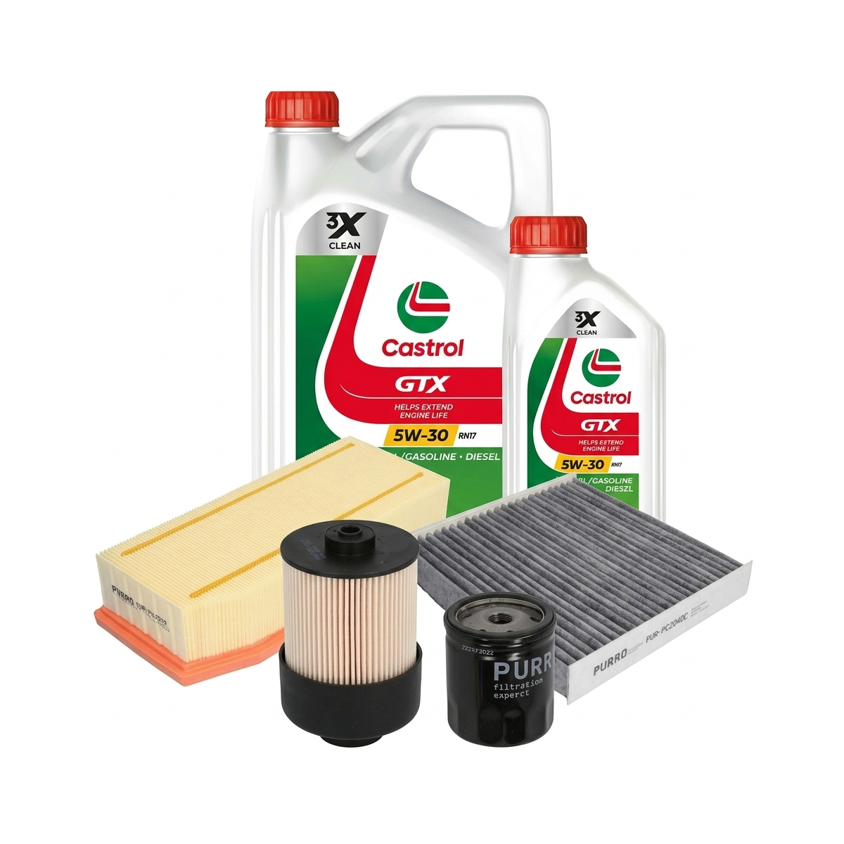 Kit revizie ulei Castrol GTX 5W-30 RN17 + filtre Dacia Duster HM 1.5 dCi 110 109 CP – PURRO