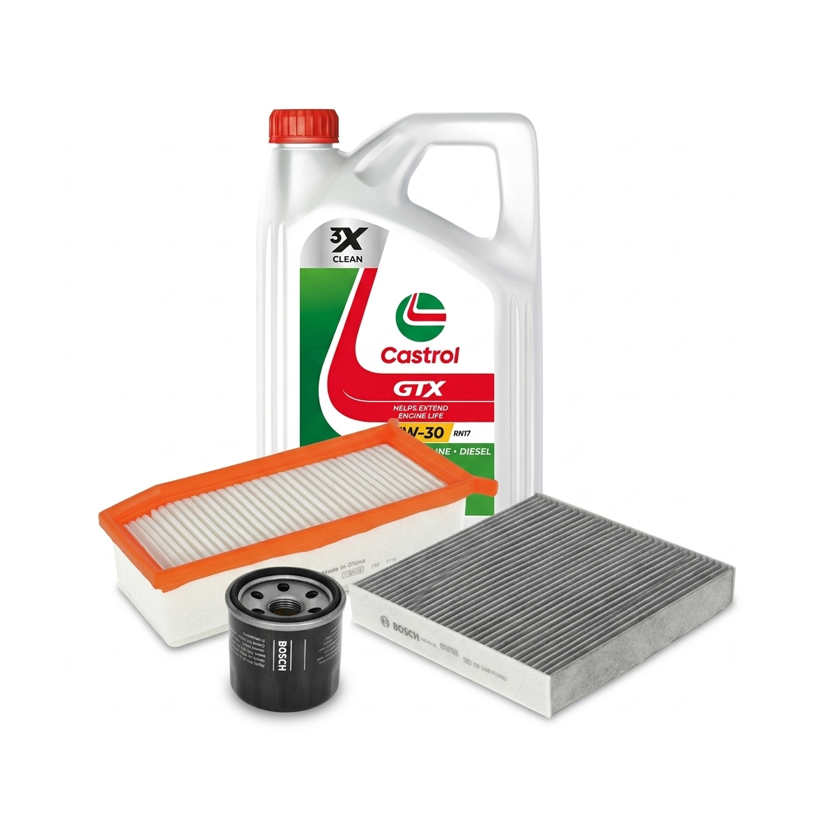 Kit revizie ulei Castrol GTX 5W-30 RN17 + filtre Dacia Duster HM 1.6 SCe 115 LPG 109 CP – Bosch