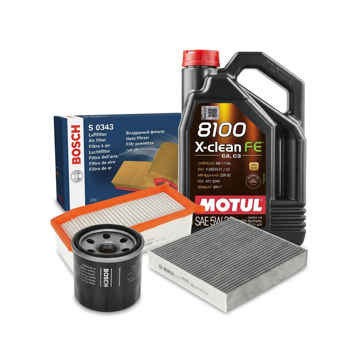 Kit revizie ulei Motul 8100 X-CLEAN FE 5W-30 + filtre Dacia Duster HM 1.6 SCe 115 LPG 109 CP – Bosch