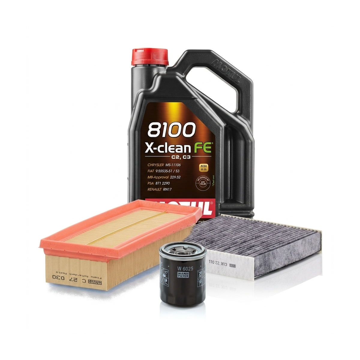 Kit revizie ulei Motul 8100 X-CLEAN FE 5W-30 + filtre Dacia Duster HM 1.6 SCe 115 LPG 109 CP – MANN