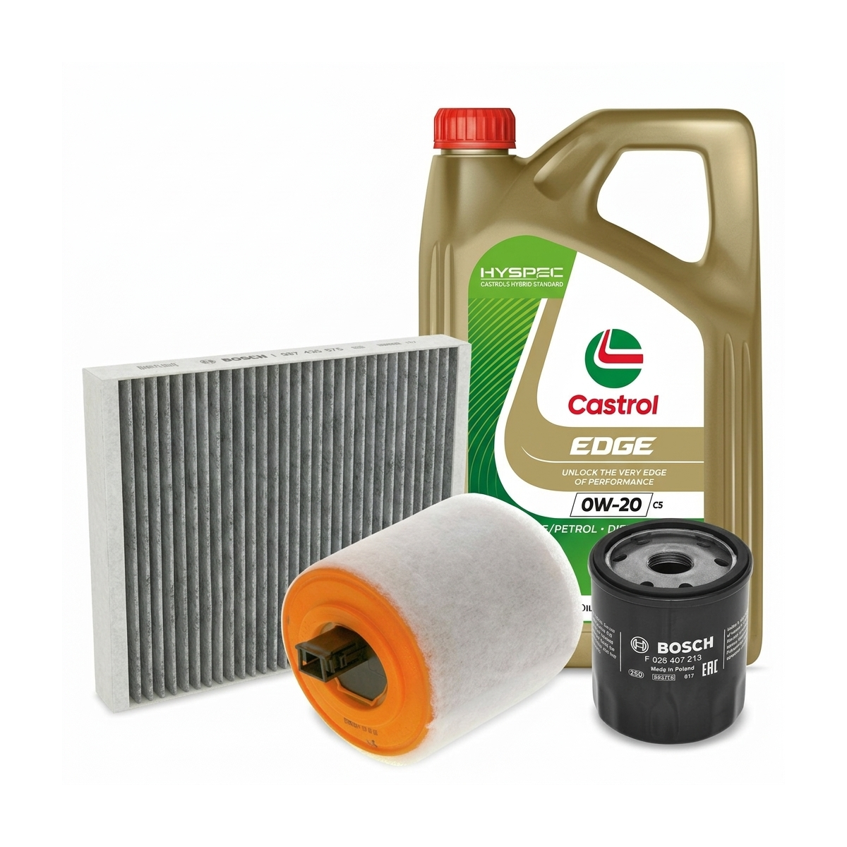 Kit revizie ulei Castrol EDGE 0W-20 C5 + filtre Opel Astra K 1.0 Turbo 90 CP – Bosch