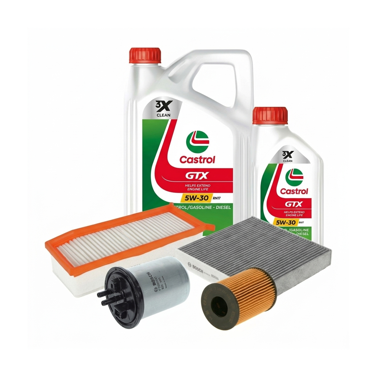 Kit revizie ulei Castrol GTX 5W-30 RN17 + filtre Dacia Duster HM 1.5 dCi 95 CP – Bosch
